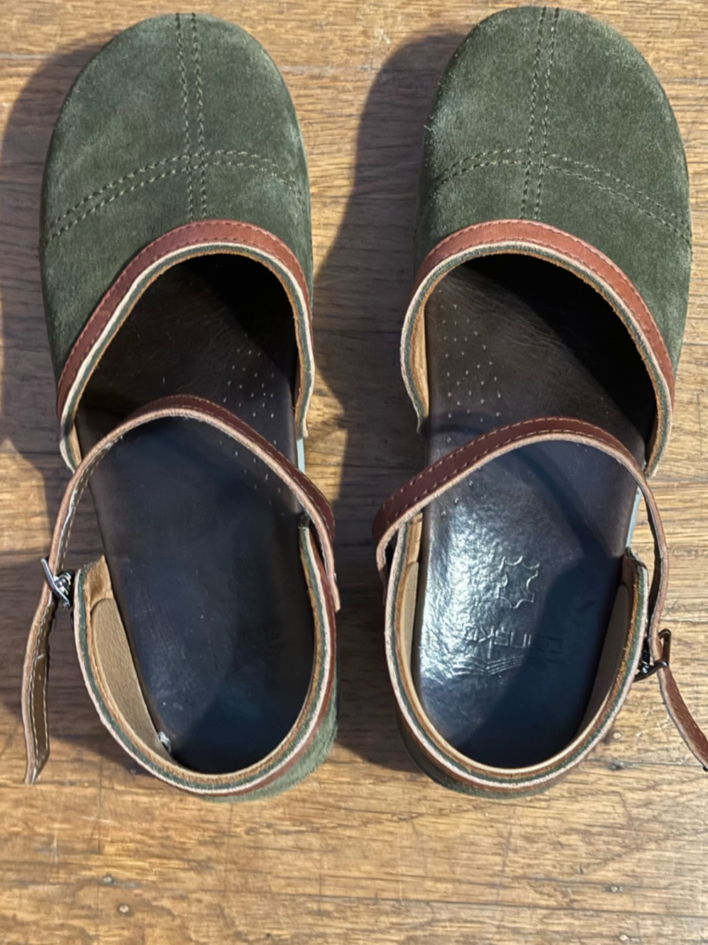 Dansko Green Suede Mary Jane Clogs with Brown Leather Straps